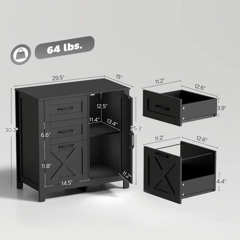 HOMCOM Filing Cabinet with 3 Drawers Printer Stand Adjustable Shelf Door Cabinet Black