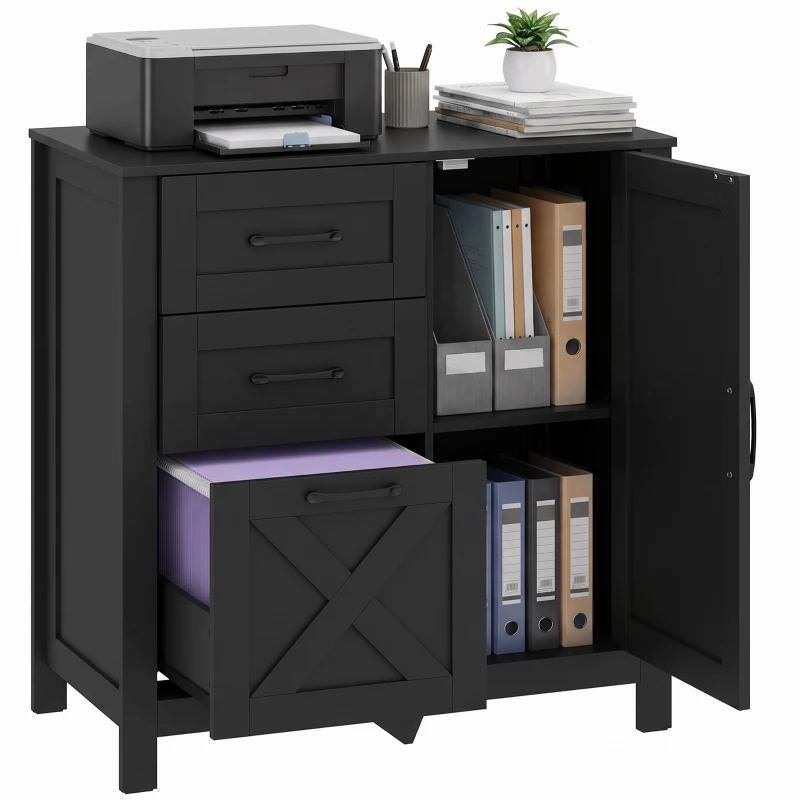HOMCOM Filing Cabinet with 3 Drawers Printer Stand Adjustable Shelf Door Cabinet Black