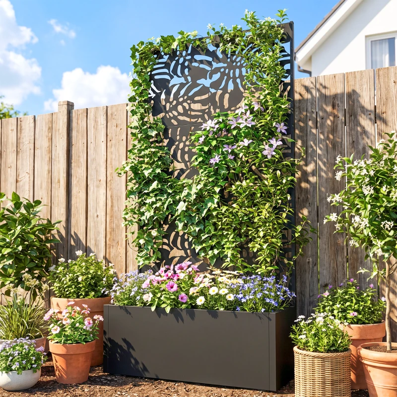 Outsunny Metal Planter Box with Trellis, 71" Tall Raised Garden Bed with Privacy Screen and Drainage Holes, Banana-Leaf Cut-Outs