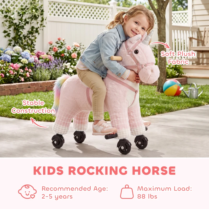 Qaba Ride on Horse for Kids 2-5 Years, 22 Inch Height Plush Ride On Pony with Wheels and Sounds for Active Play, Pink