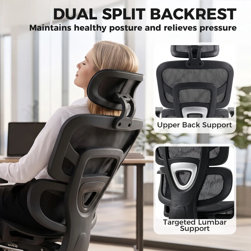 HOMCOM Ergonomic Office Chair with Lumbar Support, 2D Headrest, Mesh Reclining Desk Chair with Footrest, Swivel Wheels, Black