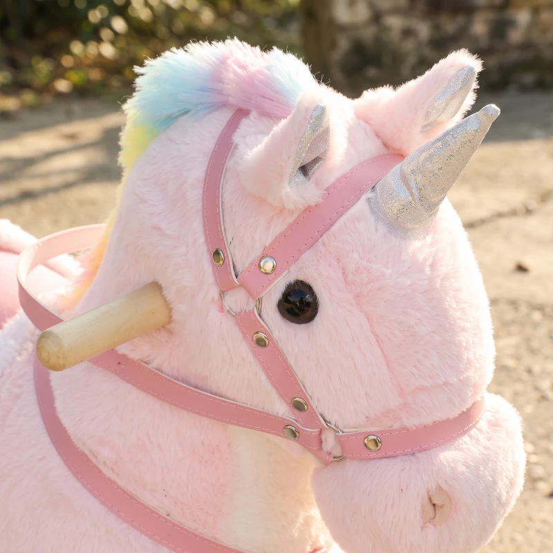 Qaba Ride on Horse for Kids 2-5 Years, 22 Inch Height Plush Ride On Pony with Wheels and Sounds for Active Play, Pink