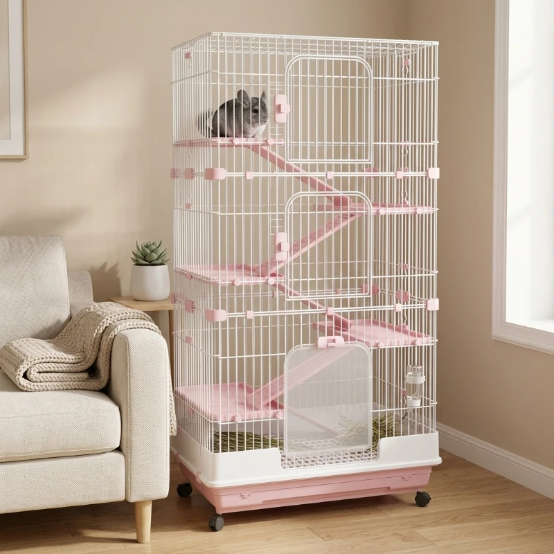 PawHut Small Animal Cage, 32" Multi-Level Metal Habitat with Lockable Wheels and Slide-Out Tray, Pink