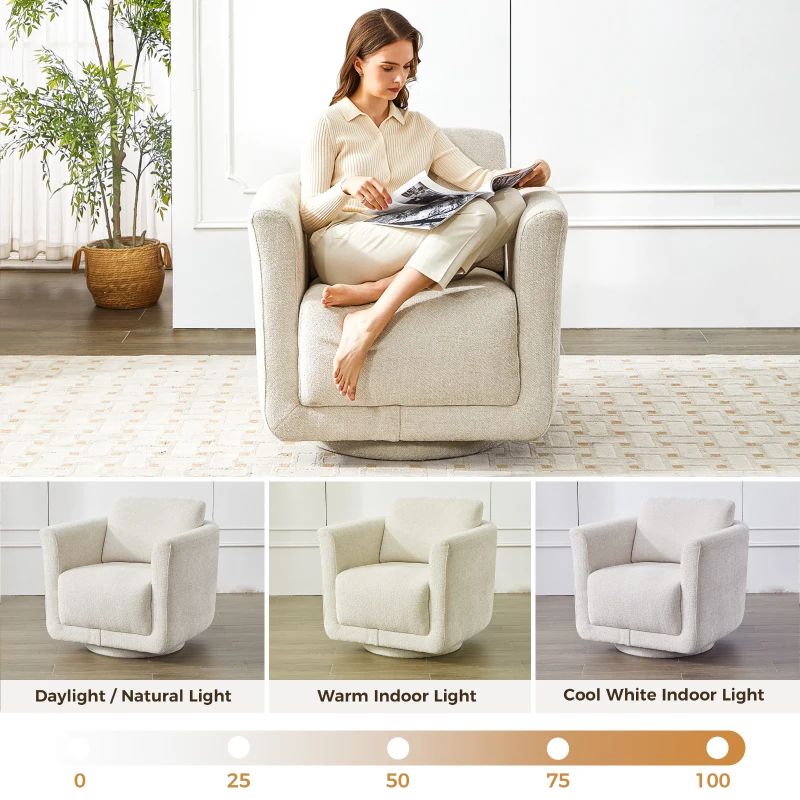 Modern Chenille Swivel Barrel Chair with 360° Rotation, Chic Accent Chair with Removable Cushion, No Assembly, 33'' L x 34" W x 34" H, Beige