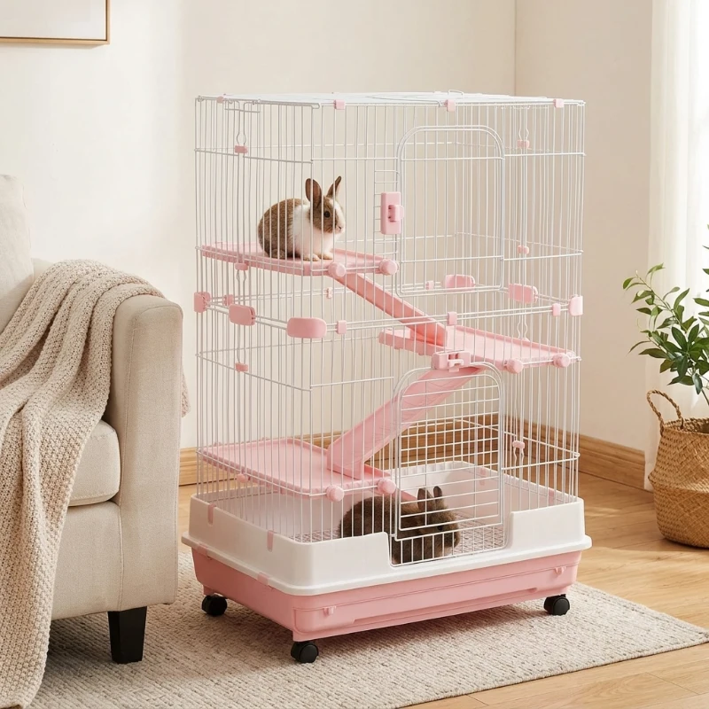 PawHut 32"L 4-Level Small Animal Cage Rabbit Hutch with Wheels, Slide-out Tray for Bunny, Chinchillas, Ferret, Pink