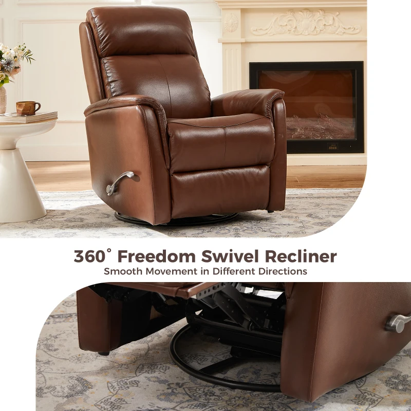 Genuine Leather Swivel Rocker Recliner with Wingback and Flared Arms, Versatile Lounge Chair for Living Room, 32'' L x 54.5"W x 39.5" H, Brown