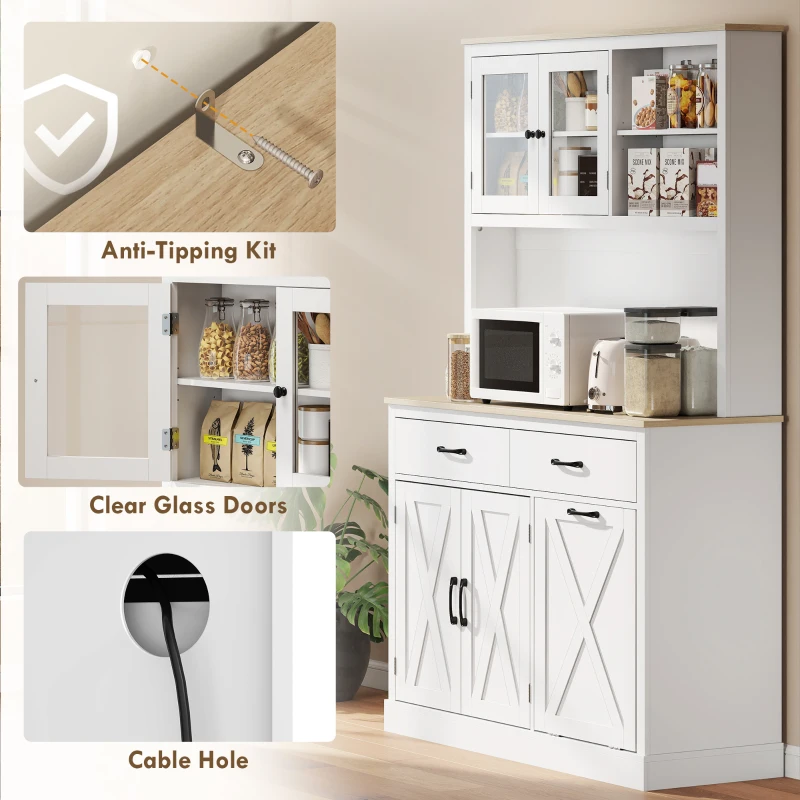 HOMCOM 69" Kitchen Pantry Cabinet with Charging Station Kitchen Cabinet with Microwave Stand 7 Gallon Trash Can Cabinet White