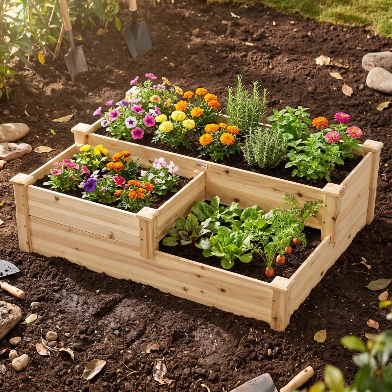 Outsunny 3 Tier Raised Flower Bed Outdoor Planter Box Wooden Garden Bed, Open Bottom for Plants, 42.5"x34.75"x14.25", Natural