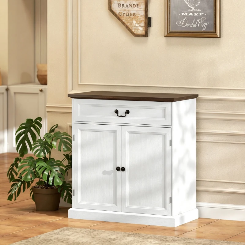 HOMCOM Buffet Cabinet, 32" Farmhouse Sideboard with Thick Top, Quiet Drawer and Adjustable Shelf, White Wood Grain
