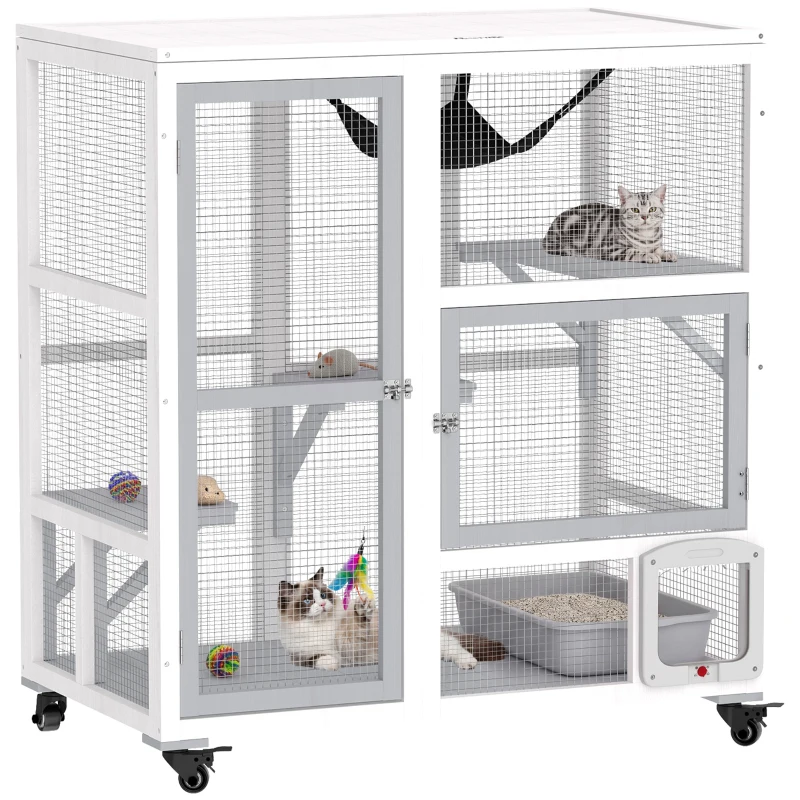 PawHut Cat House, Indoor Cat Enclosure on Wheels with Openable Top, 39", White
