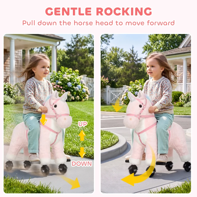 Qaba Ride on Horse for Kids 2-5 Years, 22 Inch Height Plush Ride On Pony with Wheels and Sounds for Active Play, Pink