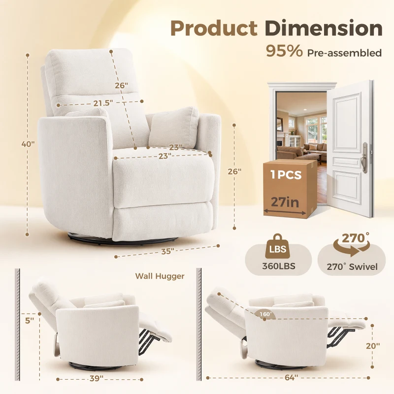 Cozy Chenille Power Swivel Rocker Recliner with Independent Control, Ergonomic Lounge Chair for Living Room, 35'' L x 39"W x 40" H, Beige