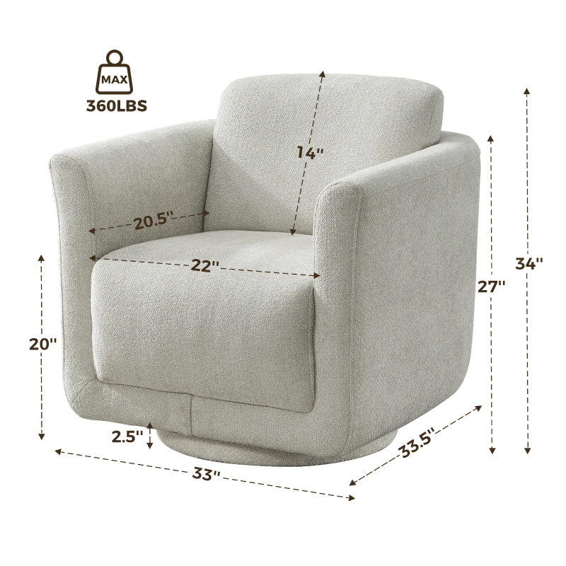 Modern Chenille Swivel Barrel Chair with 360° Rotation, Chic Accent Chair with Removable Cushion, No Assembly, 33'' L x 34" W x 34" H, Gray