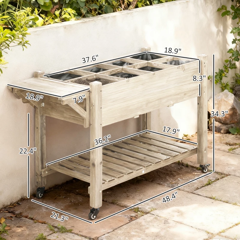 Outsunny Raised Garden Bed Planter Box w/ 8 Grow Grids, Storage Shelf & Lockable Wheels