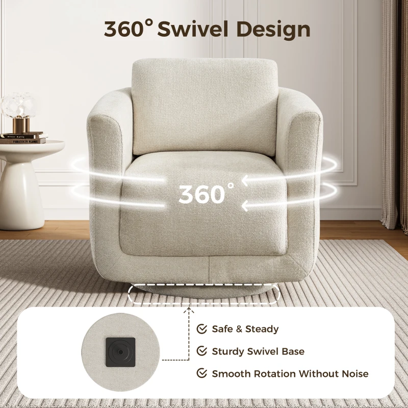 Modern Chenille Swivel Barrel Chair with 360° Rotation, Chic Accent Chair with Removable Cushion, No Assembly, 33'' L x 34" W x 34" H, Beige