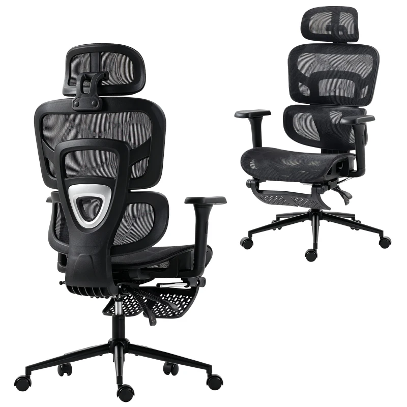 HOMCOM Ergonomic Office Chair with Lumbar Support, 2D Headrest, Mesh Reclining Desk Chair with Footrest, Swivel Wheels, Black