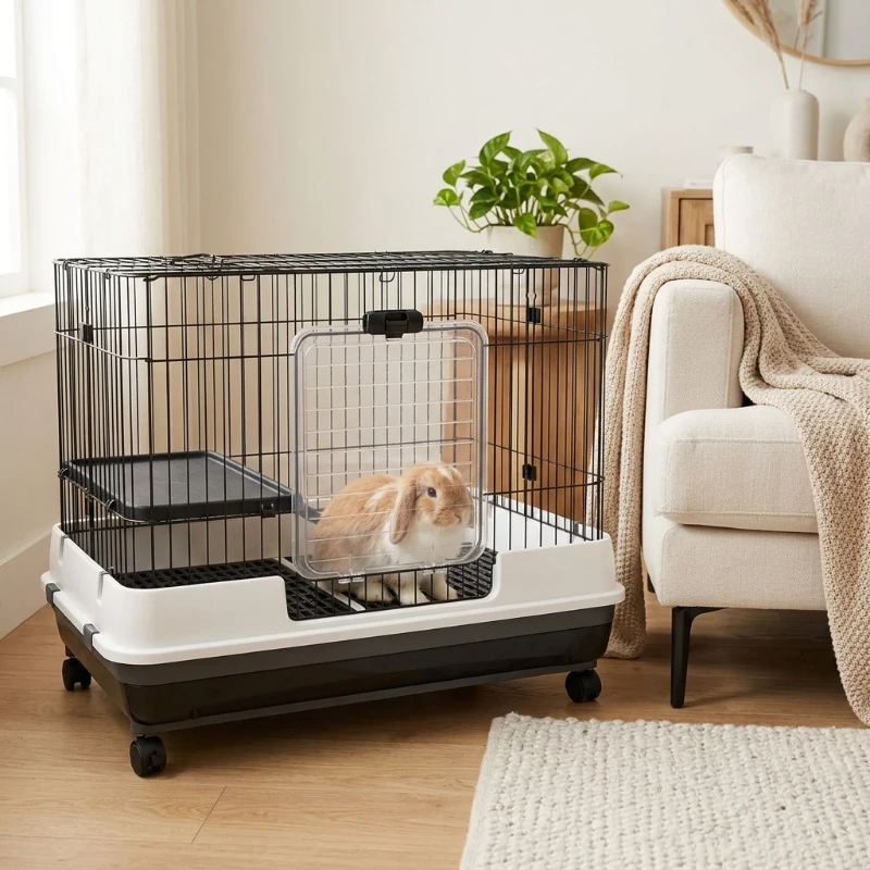 PawHut 2-Level Small Animal Cage Rabbit Hutch with Wheels, Removable Tray, Platform and Ramp for Bunny, Chinchillas, Ferret, Black