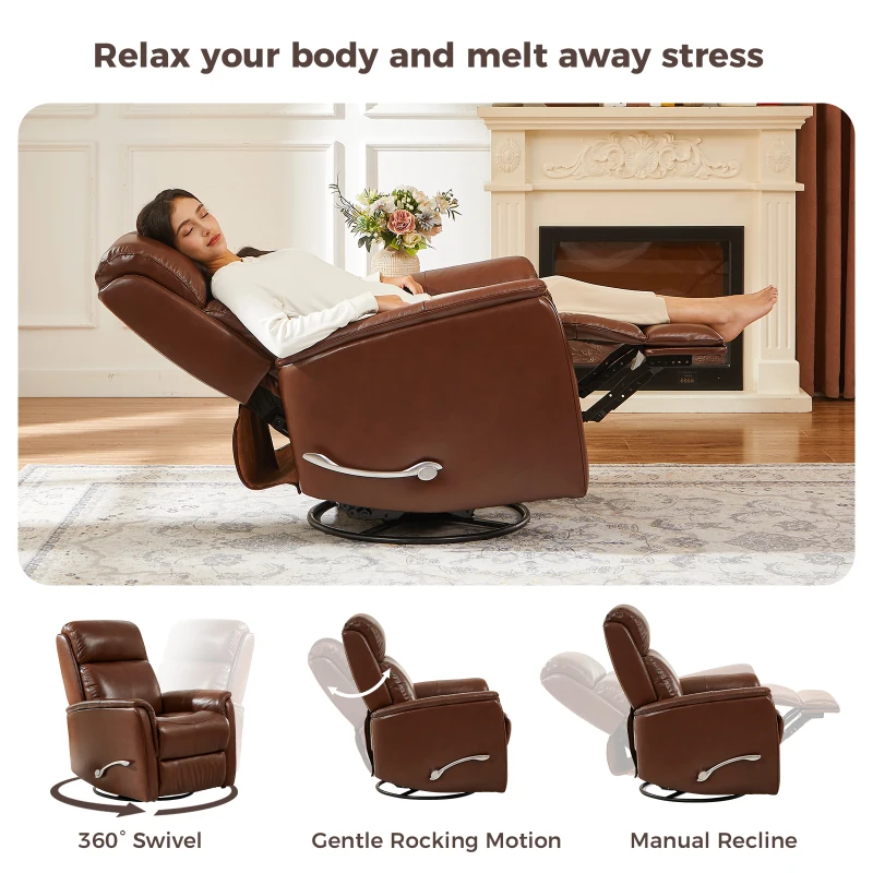Genuine Leather Swivel Rocker Recliner with Wingback and Flared Arms, Versatile Lounge Chair for Living Room, 32'' L x 54.5"W x 39.5" H, Brown