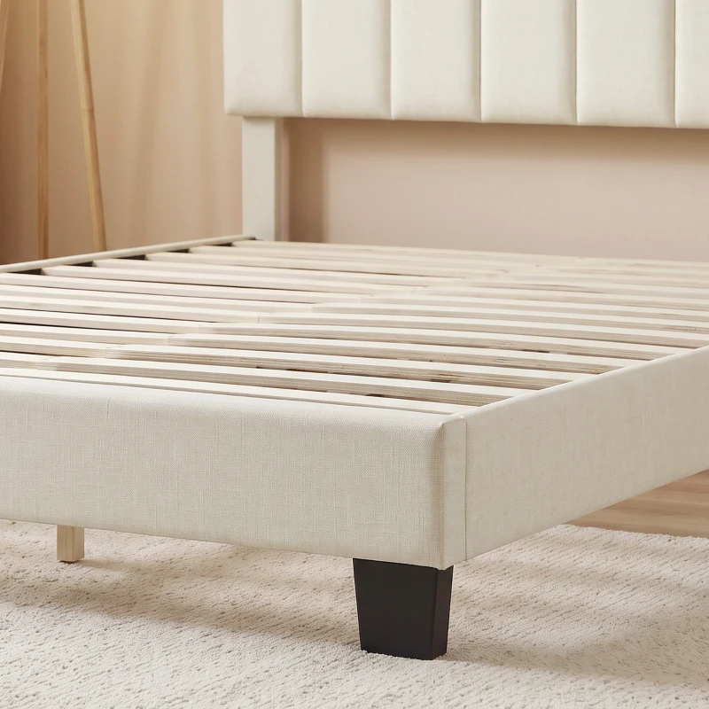 HOMCOM Queen Size Bed Frame with Adjustable Headboard, Linen-Feel Upholstered Platform Bed Frame with 12 Slat Support Beige