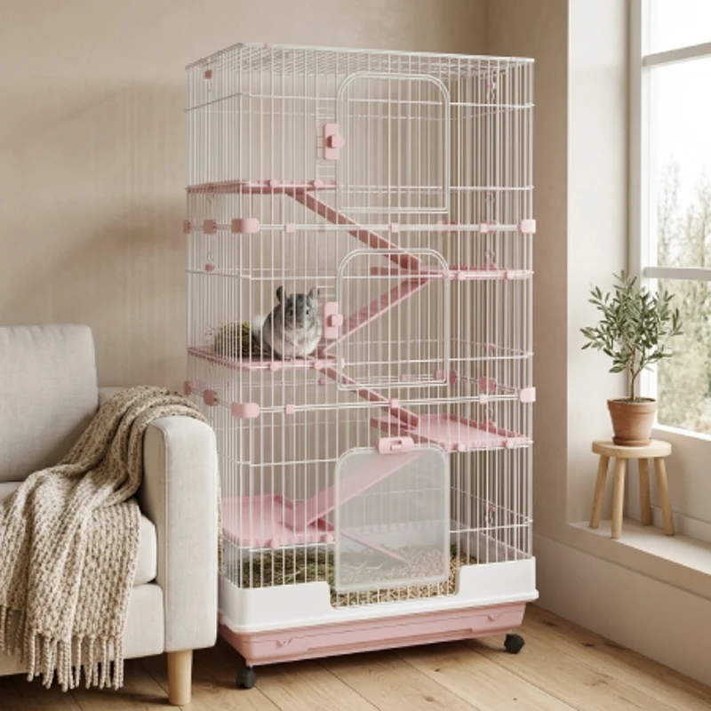 PawHut Small Animal Cage, 32" Multi-Level Metal Habitat with Lockable Wheels and Slide-Out Tray, Pink