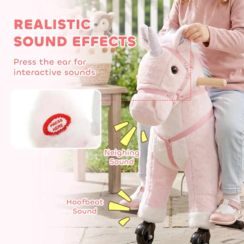 Qaba Ride on Horse for Kids 2-5 Years, 22 Inch Height Plush Ride On Pony with Wheels and Sounds for Active Play, Pink