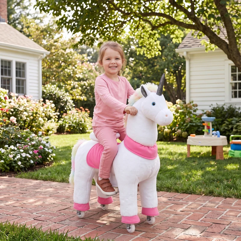 Qaba Unicorn Ride on Horse for Kids 4-12 Years, 37.4 Inch Height Plush Riding Pony with Rolling Wheels for Active Play, White