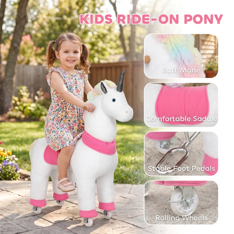 Qaba Unicorn Ride on Horse for Kids 4-12 Years, 37.4 Inch Height Plush Riding Pony with Rolling Wheels for Active Play, White