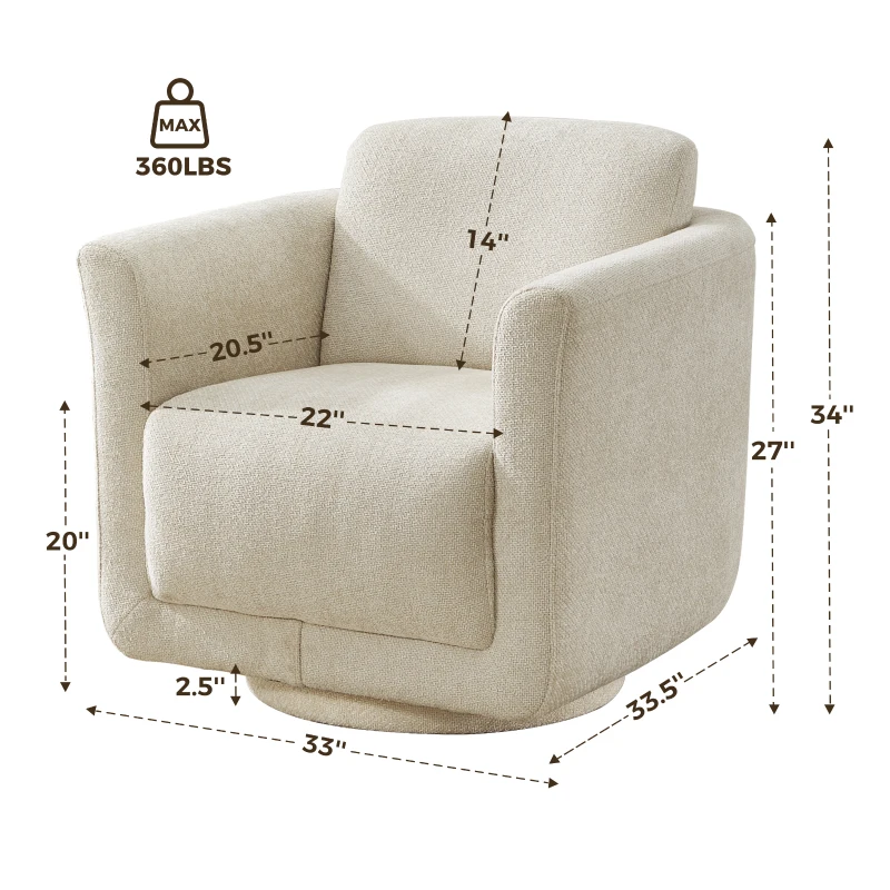 Modern Chenille Swivel Barrel Chair with 360° Rotation, Chic Accent Chair with Removable Cushion, No Assembly, 33'' L x 34" W x 34" H, Beige