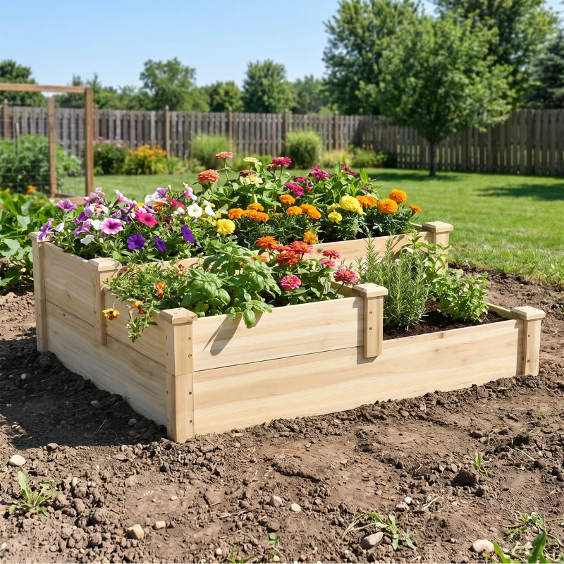 Outsunny 3 Tier Raised Flower Bed Outdoor Planter Box Wooden Garden Bed, Open Bottom for Plants, 42.5"x34.75"x14.25", Natural