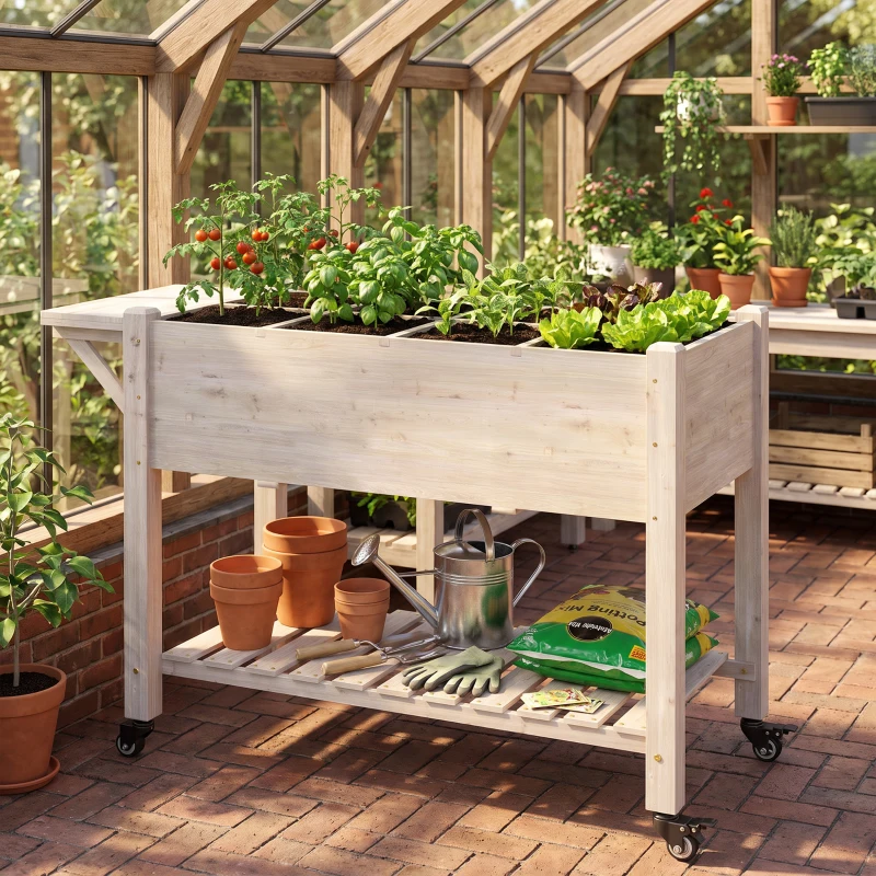 Outsunny Raised Garden Bed Planter Box w/ 8 Grow Grids, Storage Shelf & Lockable Wheels