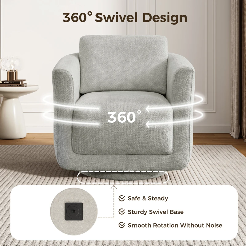 Modern Chenille Swivel Barrel Chair with 360° Rotation, Chic Accent Chair with Removable Cushion, No Assembly, 33'' L x 34" W x 34" H, Gray