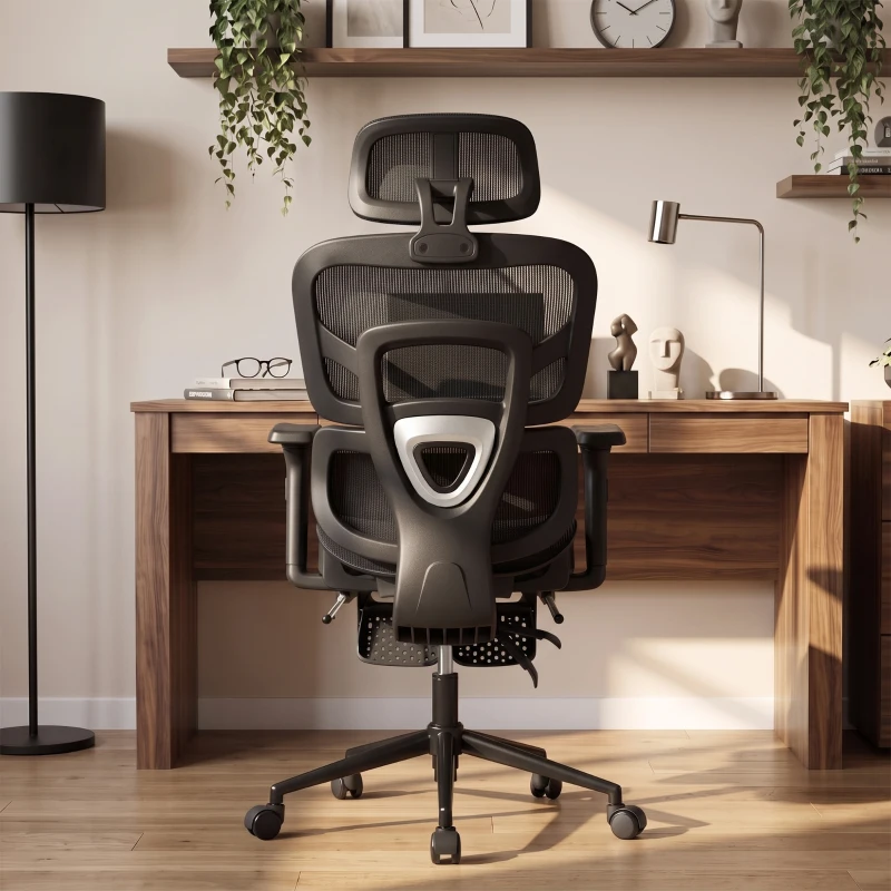 HOMCOM Ergonomic Office Chair with Lumbar Support, 2D Headrest, Mesh Reclining Desk Chair with Footrest, Swivel Wheels, Black