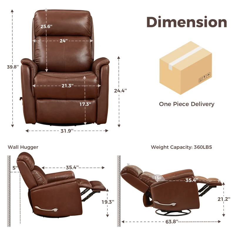 Genuine Leather Swivel Rocker Recliner with Wingback and Flared Arms, Versatile Lounge Chair for Living Room, 32'' L x 54.5"W x 39.5" H, Brown