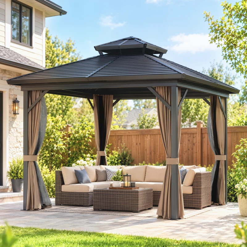 Outsunny 10' x 10' Hardtop Gazebo with Aluminum Frame, Metal Roof Gazebo Canopy w/ Hook, Curtains included, Dark Brown