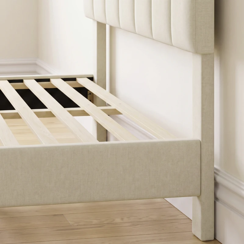 HOMCOM Queen Size Bed Frame with Adjustable Headboard, Linen-Feel Upholstered Platform Bed Frame with 12 Slat Support Beige