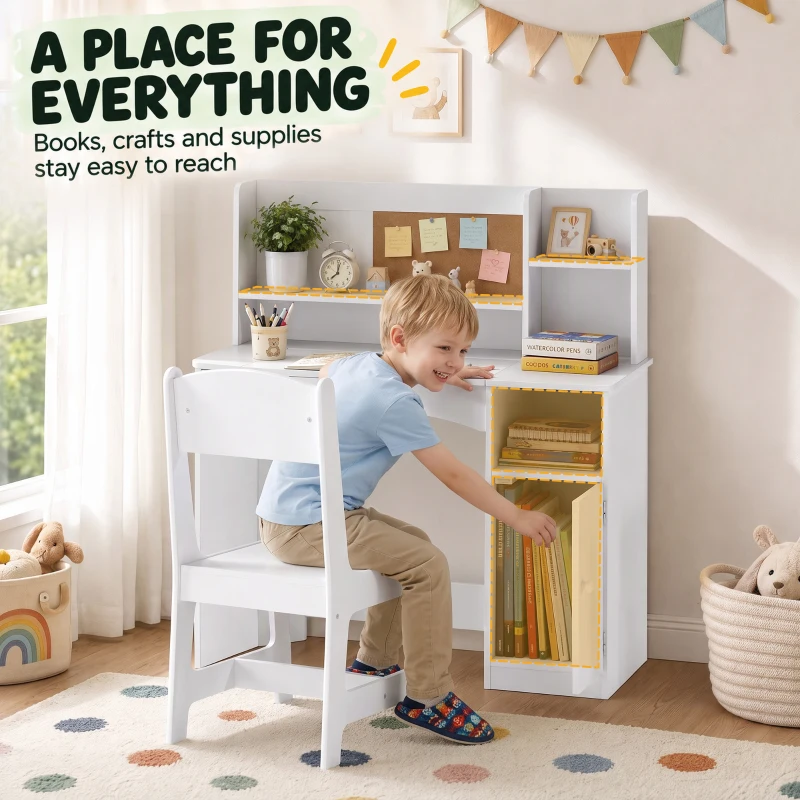 Qaba Kids Desk and Chair Set, Wooden Children Study Table with Tiltable Desktop, Storage Cabinet, Hutch for 3-12, White