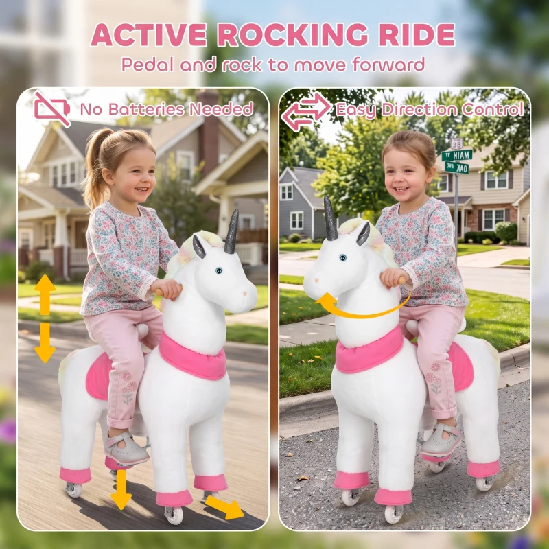 Qaba Unicorn Ride on Horse for Kids 4-12 Years, 37.4 Inch Height Plush Riding Pony with Rolling Wheels for Active Play, White