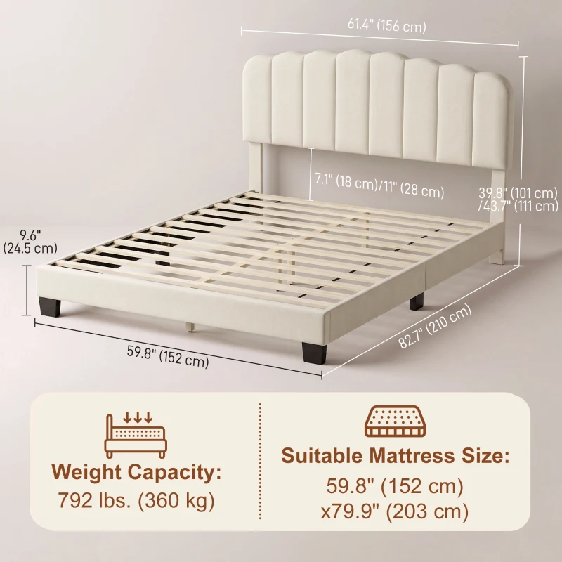 HOMCOM Queen Size Bed Frame with Adjustable Headboard, Linen-Feel Upholstered Platform Bed Frame with 12 Slat Support Beige