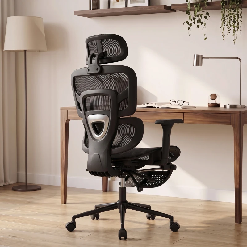 HOMCOM Ergonomic Office Chair with Lumbar Support, 2D Headrest, Mesh Reclining Desk Chair with Footrest, Swivel Wheels, Black