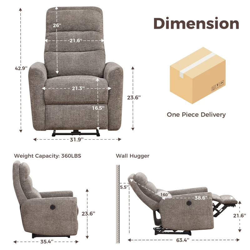 Wide Power Fabric Recliner with Adjustable Headrest and 30D Foam, Ergonomic Upholstered Chair for Living Room, 32'' L x 36"W x 43" H, Gray