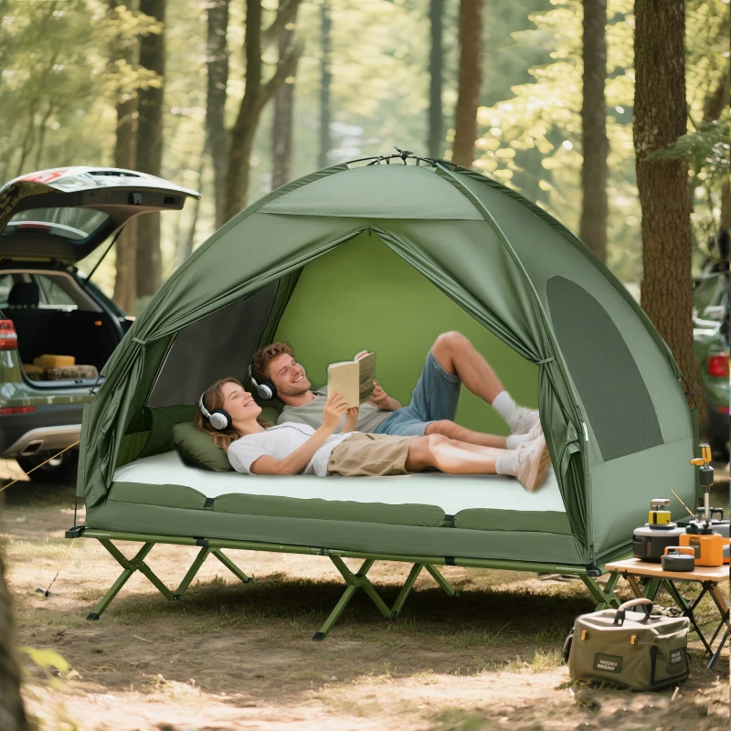 Outsunny 2-Person Tent Cot, 4-in-1 Elevated Camping Bed Combo with Air Mattress, Bed Cover, Foot Pump(m-2)