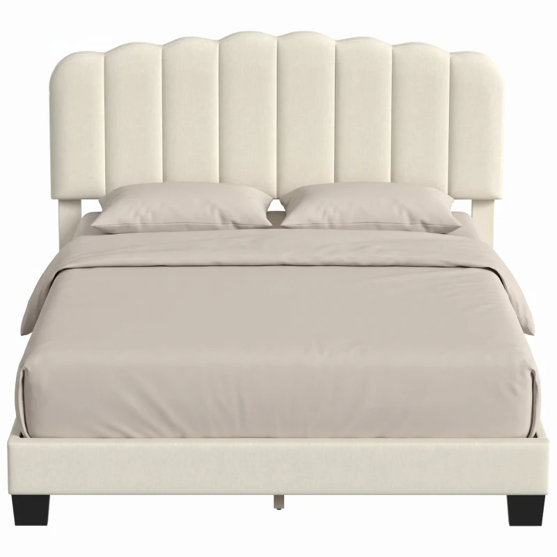 HOMCOM Queen Size Bed Frame with Adjustable Headboard, Linen-Feel Upholstered Platform Bed Frame with 12 Slat Support Beige