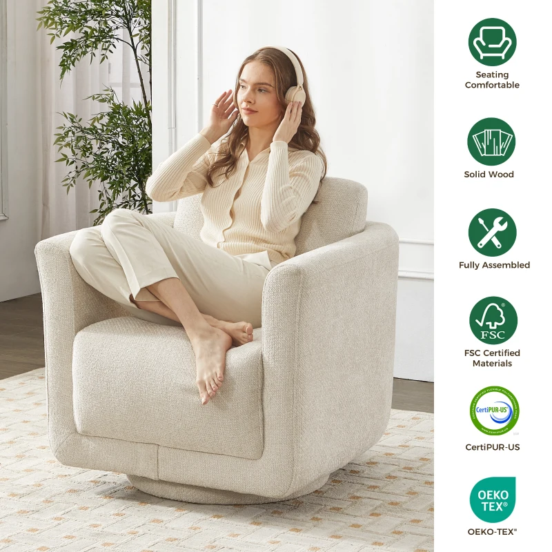 Modern Chenille Swivel Barrel Chair with 360° Rotation, Chic Accent Chair with Removable Cushion, No Assembly, 33'' L x 34" W x 34" H, Beige