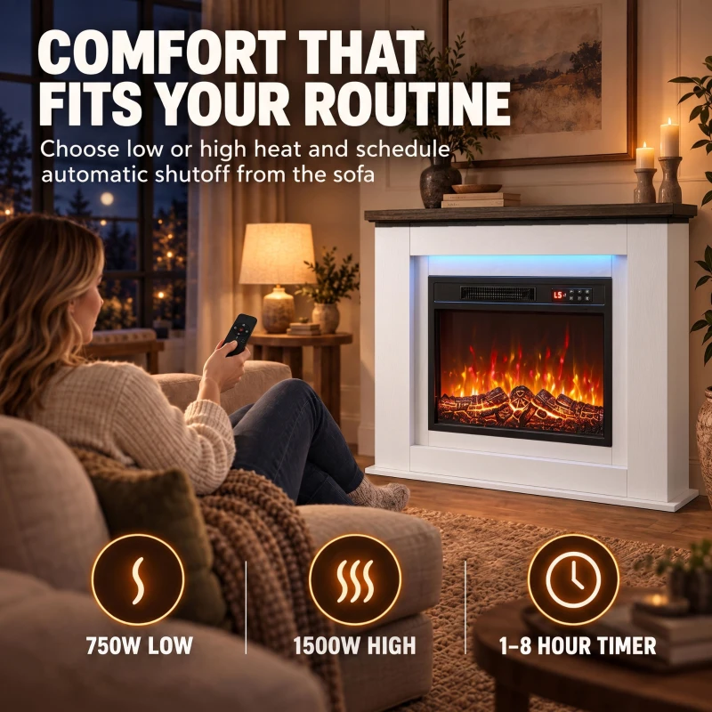 HOMCOM 40" Electric Fireplace with Mantel, LED Strip, Fireplace TV Stand for 55" TVs, Adjustable Flame, White