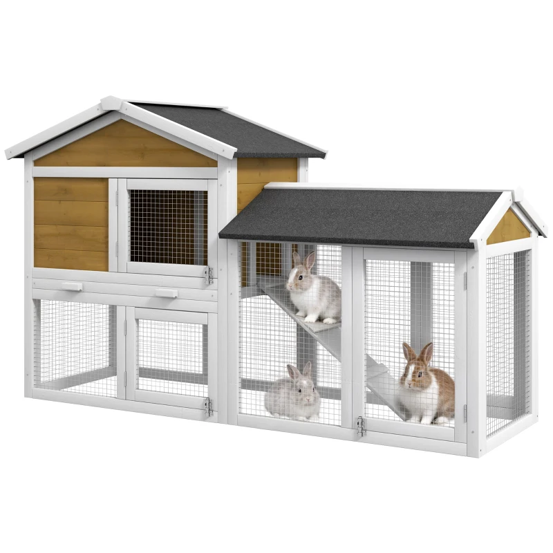 PawHut 58" Wooden Rabbit Hutch with Run, Removable Tray, Asphalt Roof,  Lockable Doors and Ramp, Nature Wood