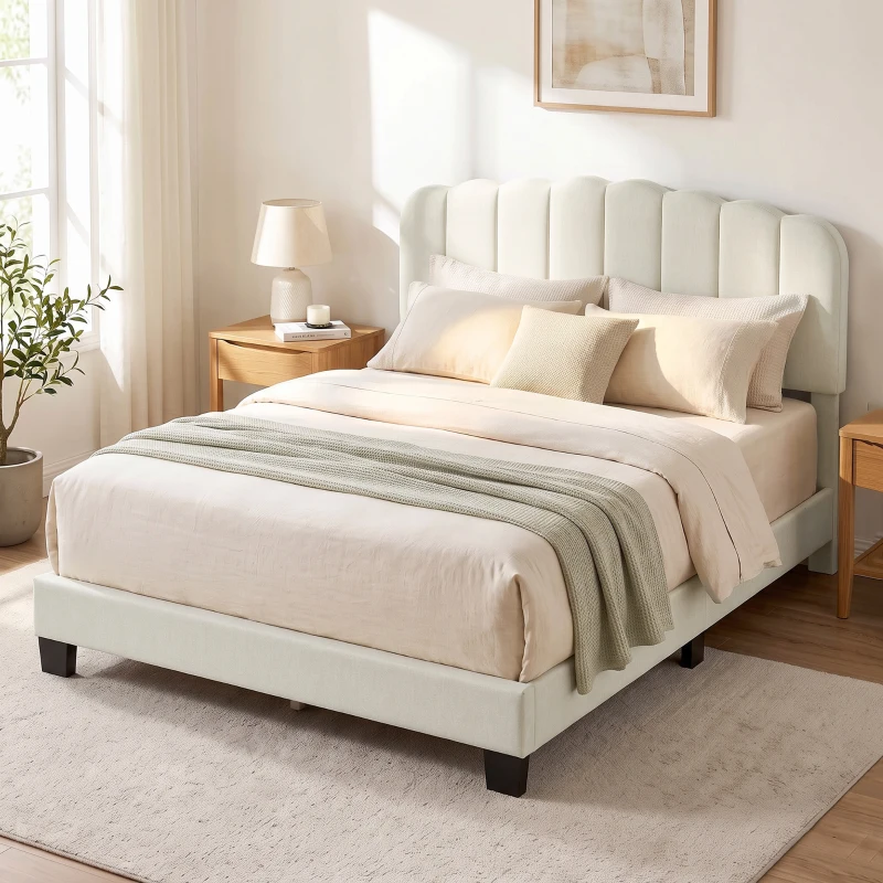 HOMCOM Queen Size Bed Frame with Adjustable Headboard, Linen-Feel Upholstered Platform Bed Frame with 12 Slat Support Beige