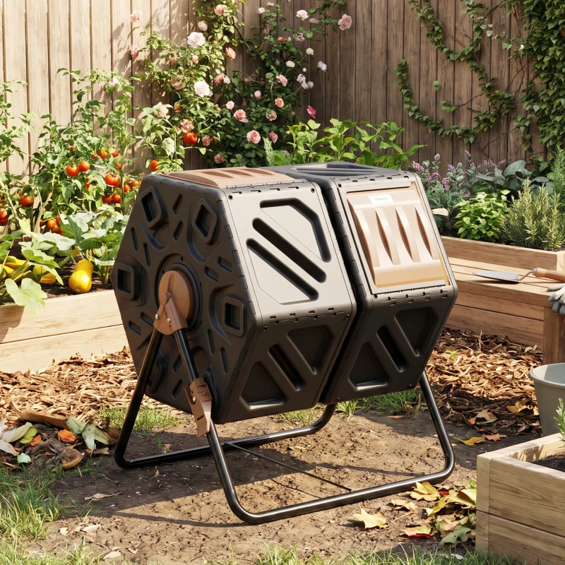 Outsunny Dual Chamber Compost Tumbler Bin, Outdoor Tumbling Composter with 24 Ventilation Openings and Steel Legs, 34.5 Gallon
