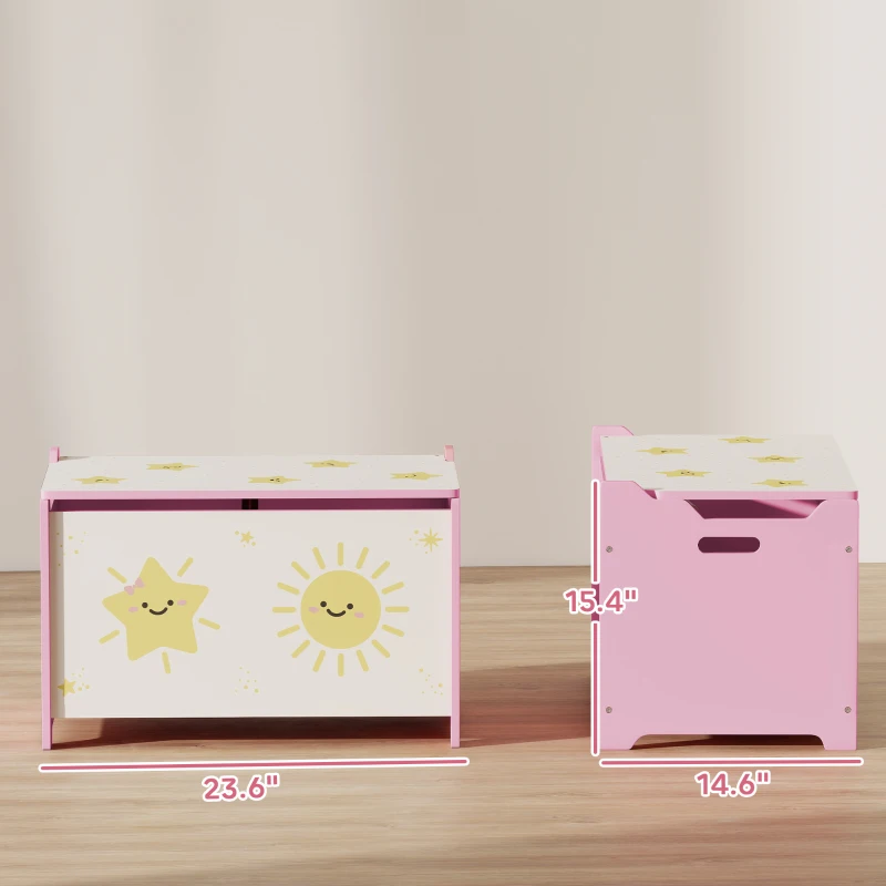 Qaba Toy Box with Lid, Safety Hinges and Groove Handles, Toy Storage Organizer for Kids, Living Room, Playroom, Pink