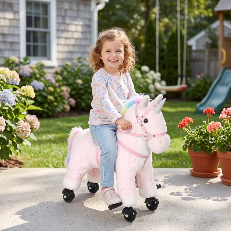Qaba Ride on Horse for Kids 2-5 Years, 22 Inch Height Plush Ride On Pony with Wheels and Sounds for Active Play, Pink