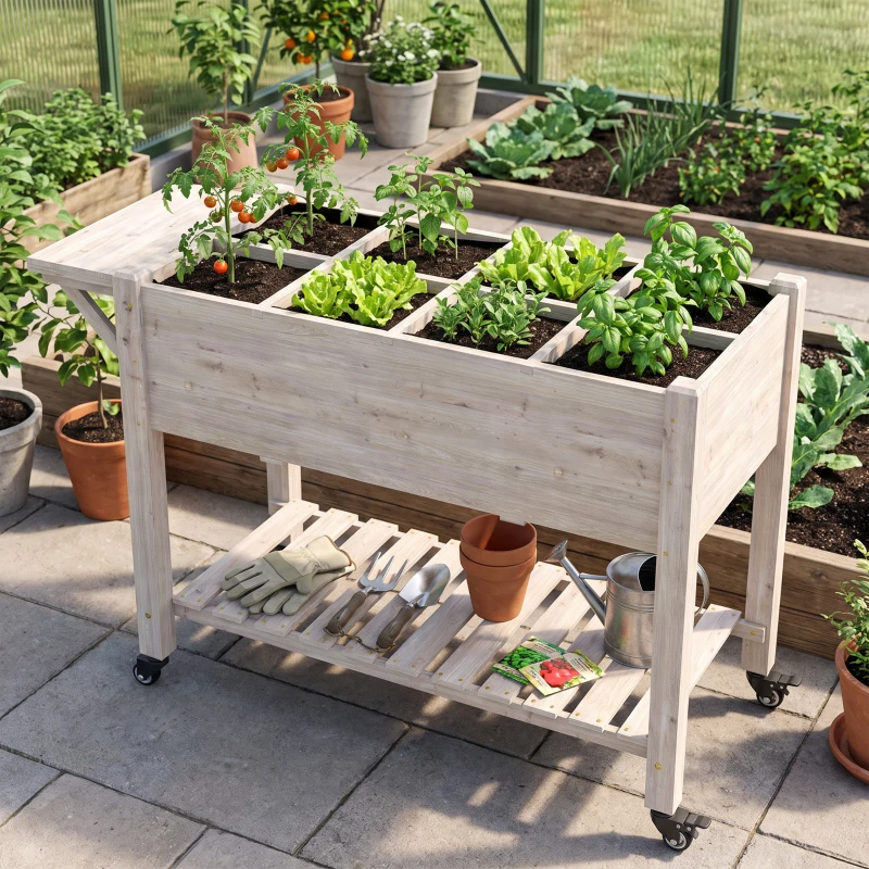 Outsunny Raised Garden Bed Planter Box w/ 8 Grow Grids, Storage Shelf & Lockable Wheels